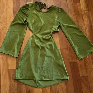 green satin dress with cutouts in back